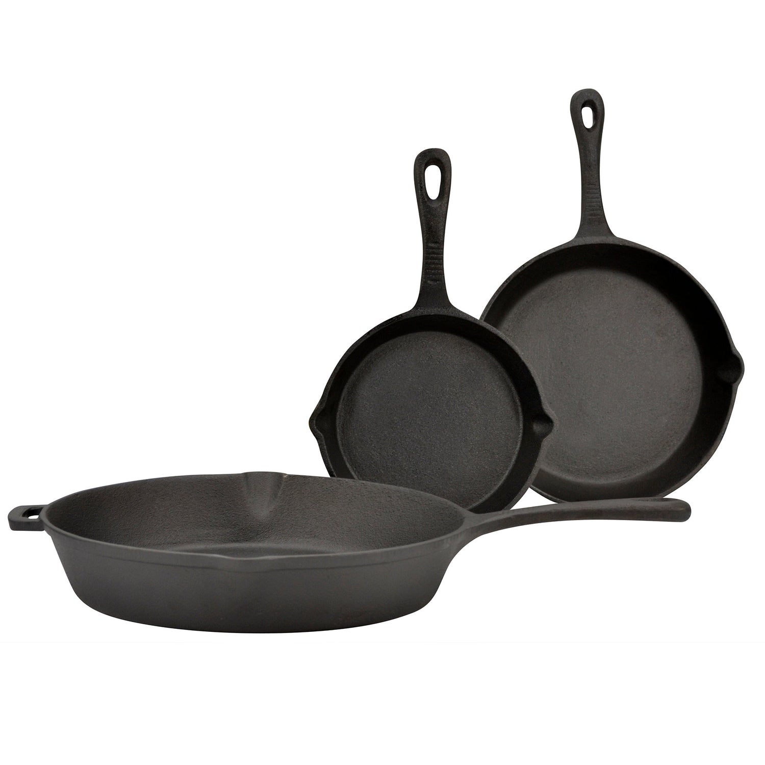 Three black cast iron skillets of different sizes on a white background