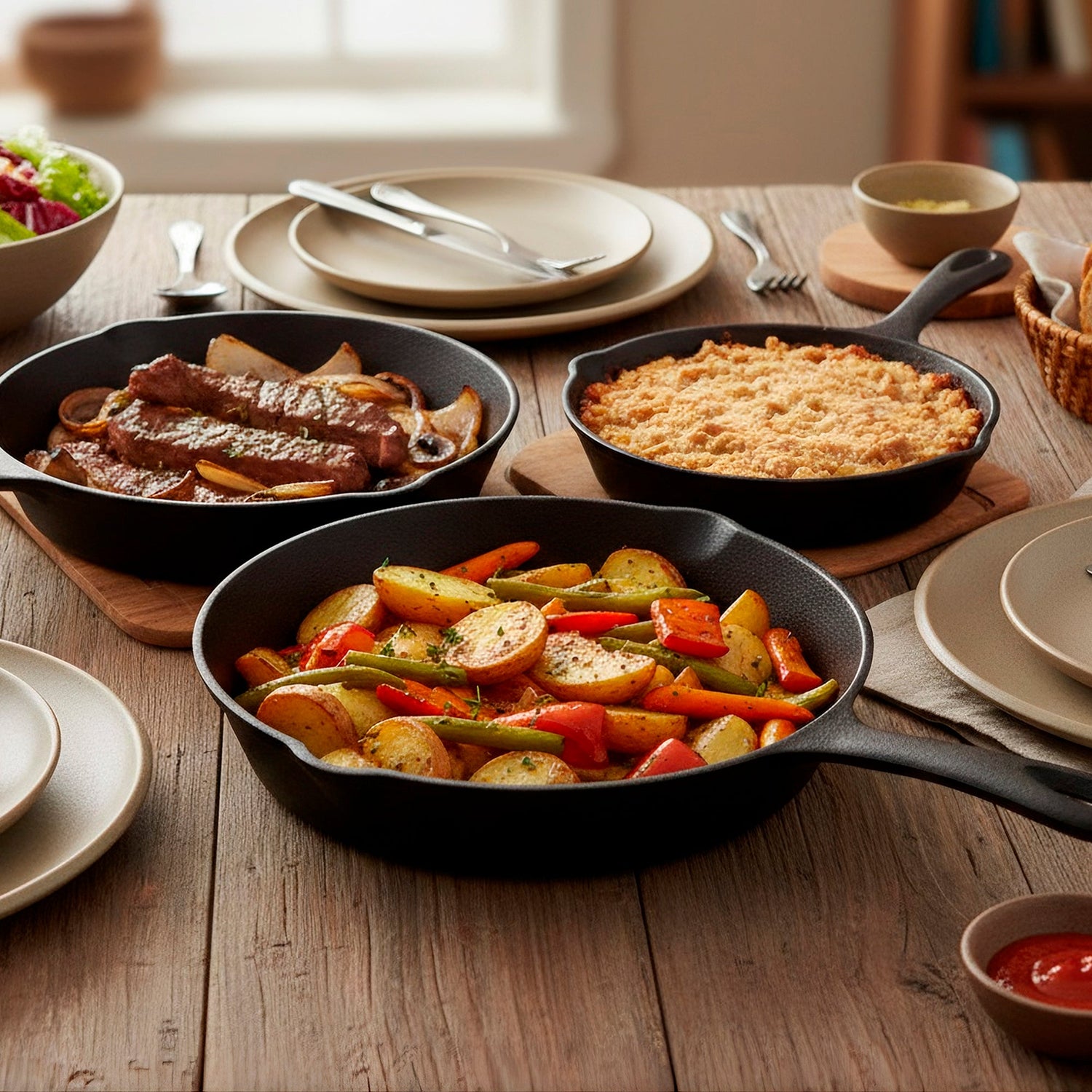 Dinner table set with various dishes including a skillet with vegetables, a pan with meat, and a baked dish.