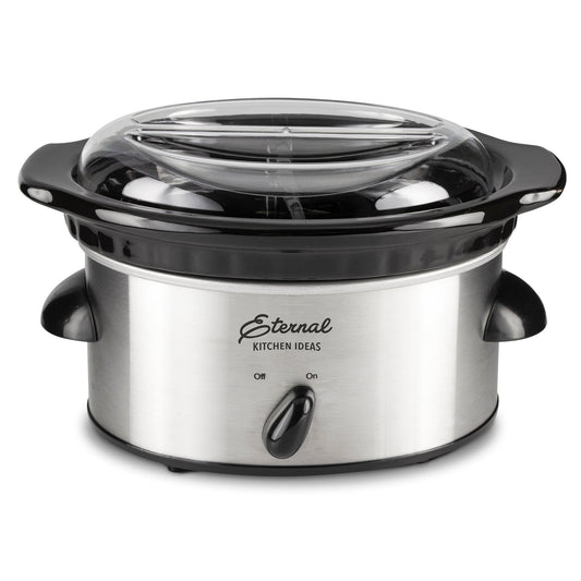 Stainless steel slow cooker with 'Eternal' branding on a white background