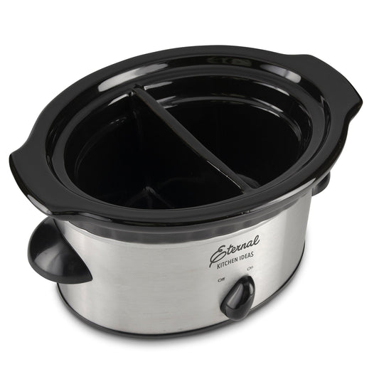 Stainless steel slow cooker with glass lid on a white background, branded 'Eternal Kitchen Ideas'.