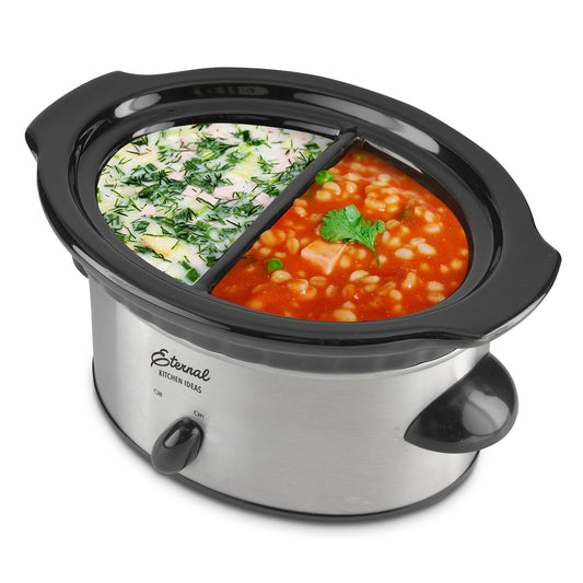 Stainless steel slow cooker with glass lid on a white background, branded 'Eternal Kitchen Ideas'.