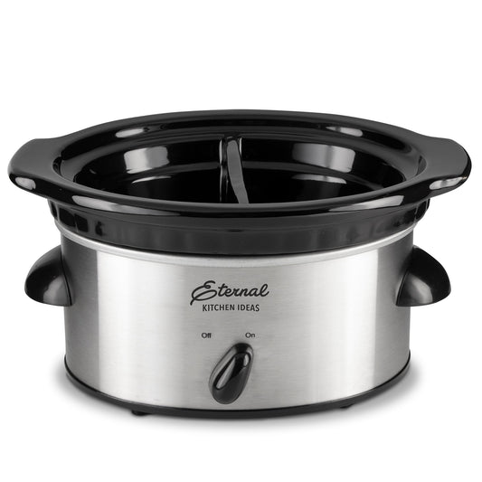 Stainless steel slow cooker with glass lid on a white background, branded 'Eternal Kitchen Ideas'.
