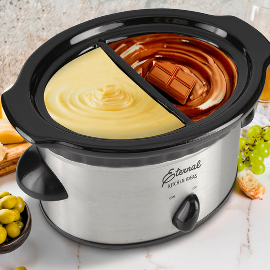 Stainless steel slow cooker with glass lid on a white background, branded 'Eternal Kitchen Ideas'.