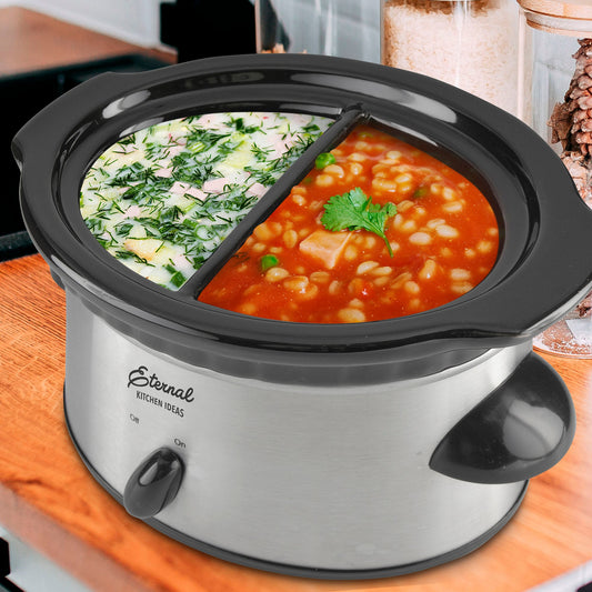 Stainless steel slow cooker with glass lid on a white background, branded 'Eternal Kitchen Ideas'.