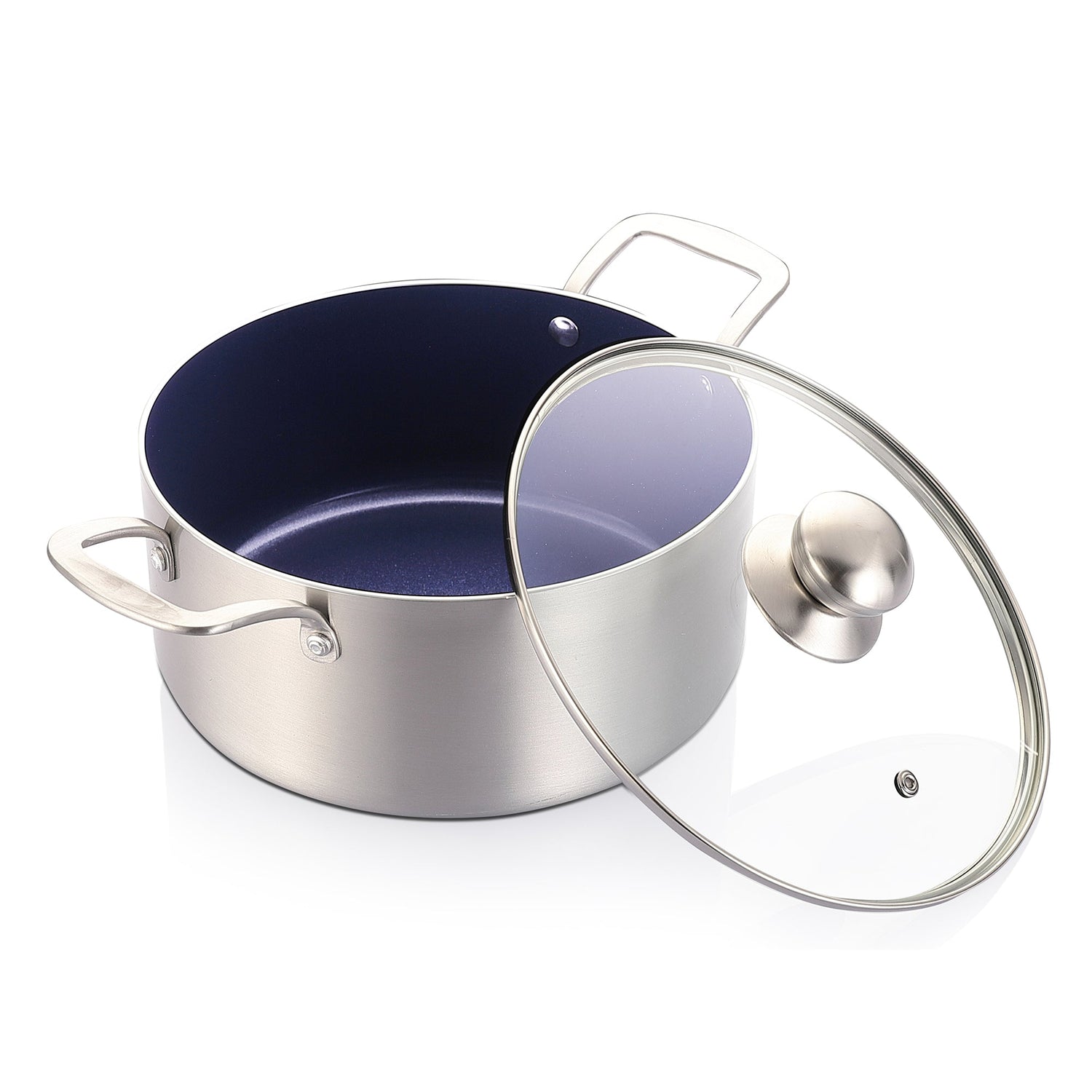 Stainless steel pot with blue interior and glass lid on a white background