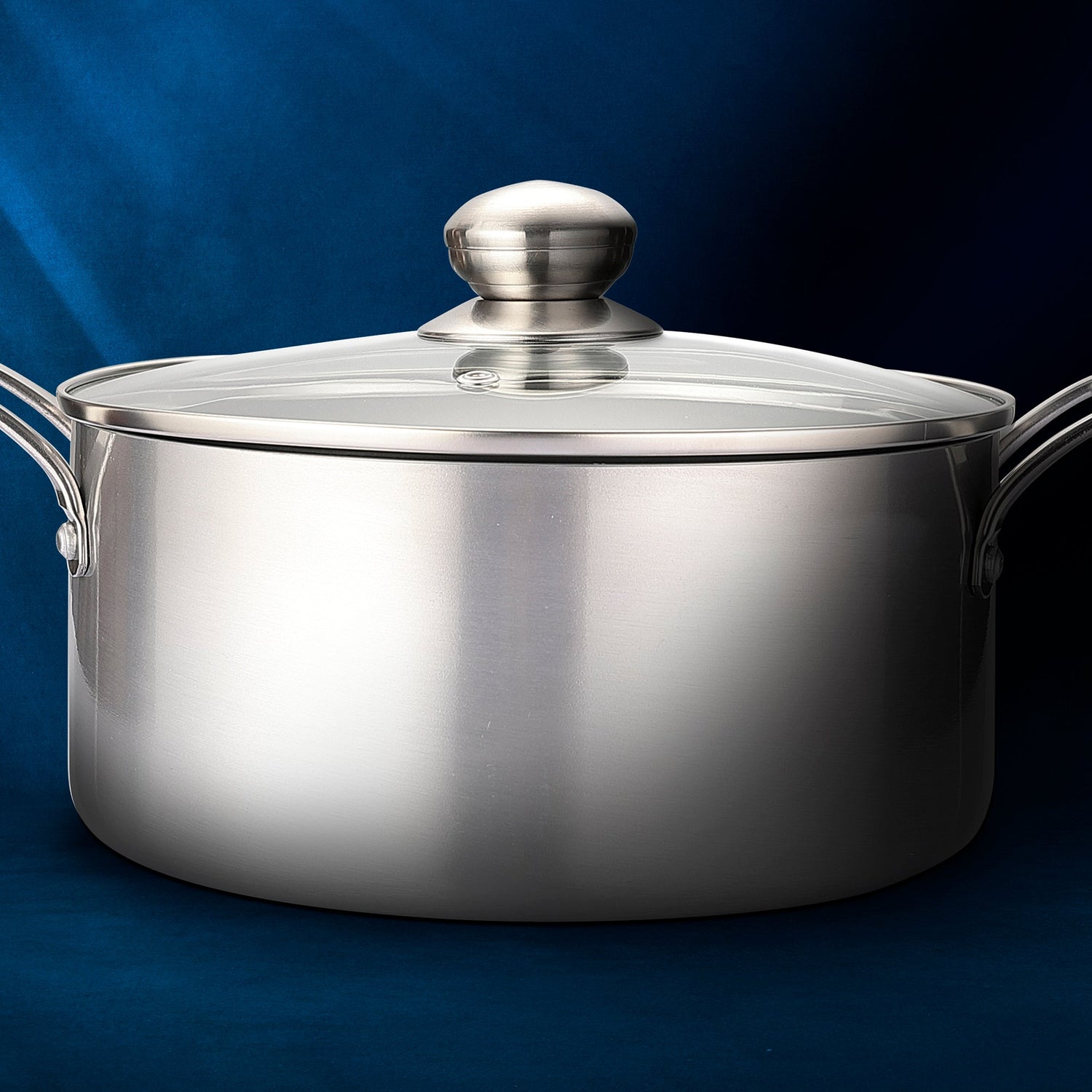 Stainless steel pot with lid on a blue background