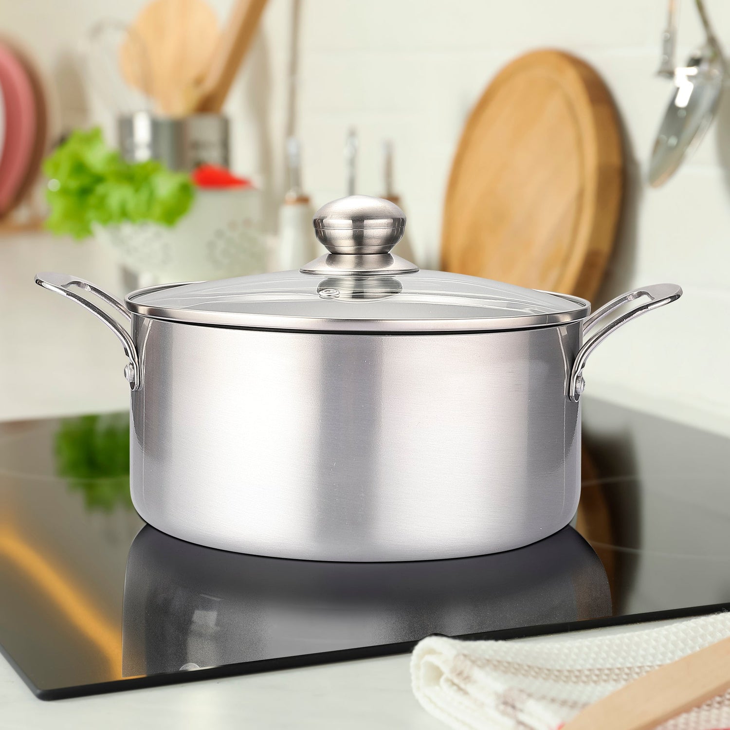 Stainless steel pot with lid on a kitchen counter