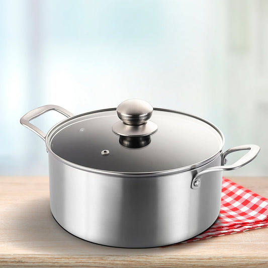 Stainless steel pot with blue interior and glass lid on a white background