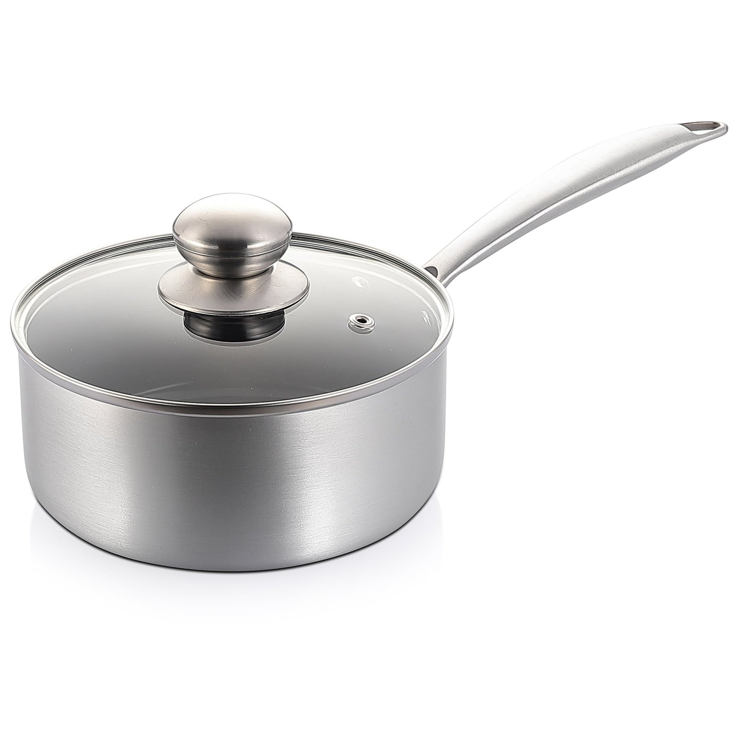 Stainless steel saucepan with glass lid on a white background