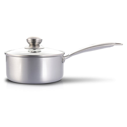 Stainless steel saucepan with glass lid on a white background