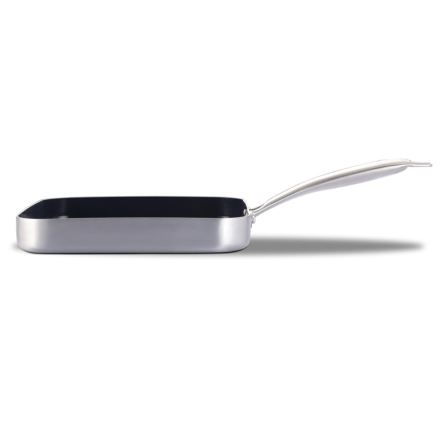 Stainless steel frying pan on a white background