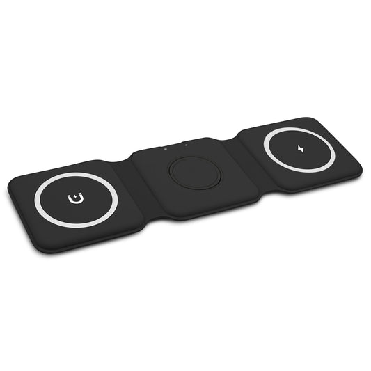 Black wireless charging pad with three circular pads on a white background