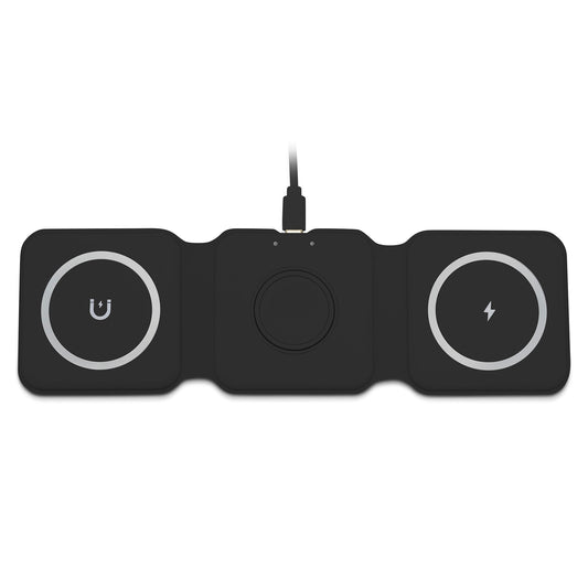 Black wireless charging pad with three circular pads on a white background