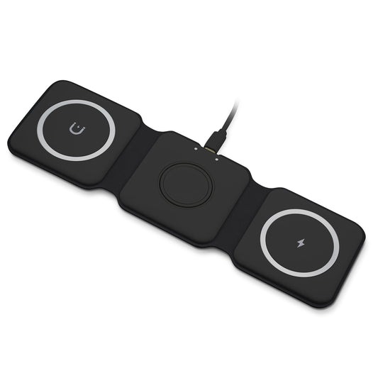 Black wireless charging pad with three circular pads on a white background