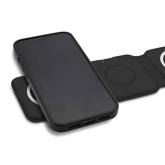 Black wireless charging pad with three circular pads on a white background