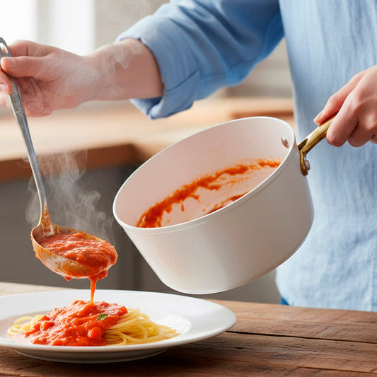 White ceramic pot with gold handle on a white background