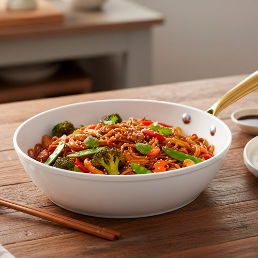 White frying pan with a gold handle on a white background