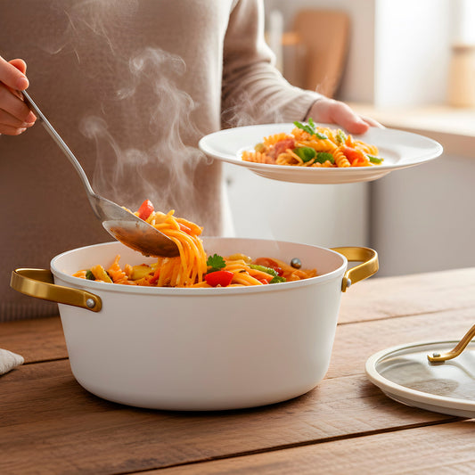 White ceramic pot with gold handles on a white background