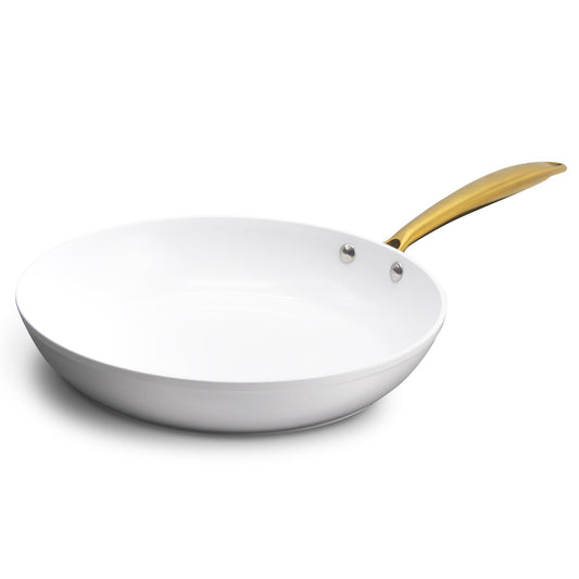 White wok with a gold handle on a white background