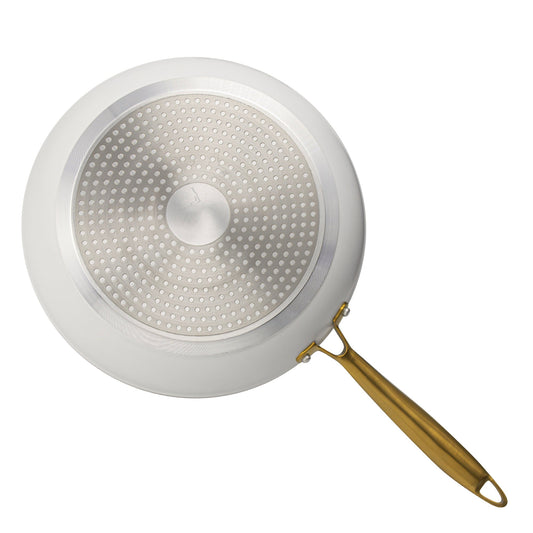 White wok with a gold handle on a white background