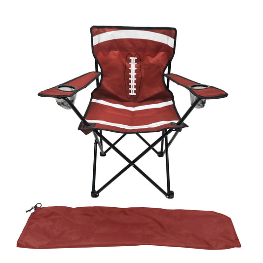 A red and white football-themed folding camp chair with black metal legs and built-in cup holders on the arms, shown with its matching red storage bag on a plain white background.