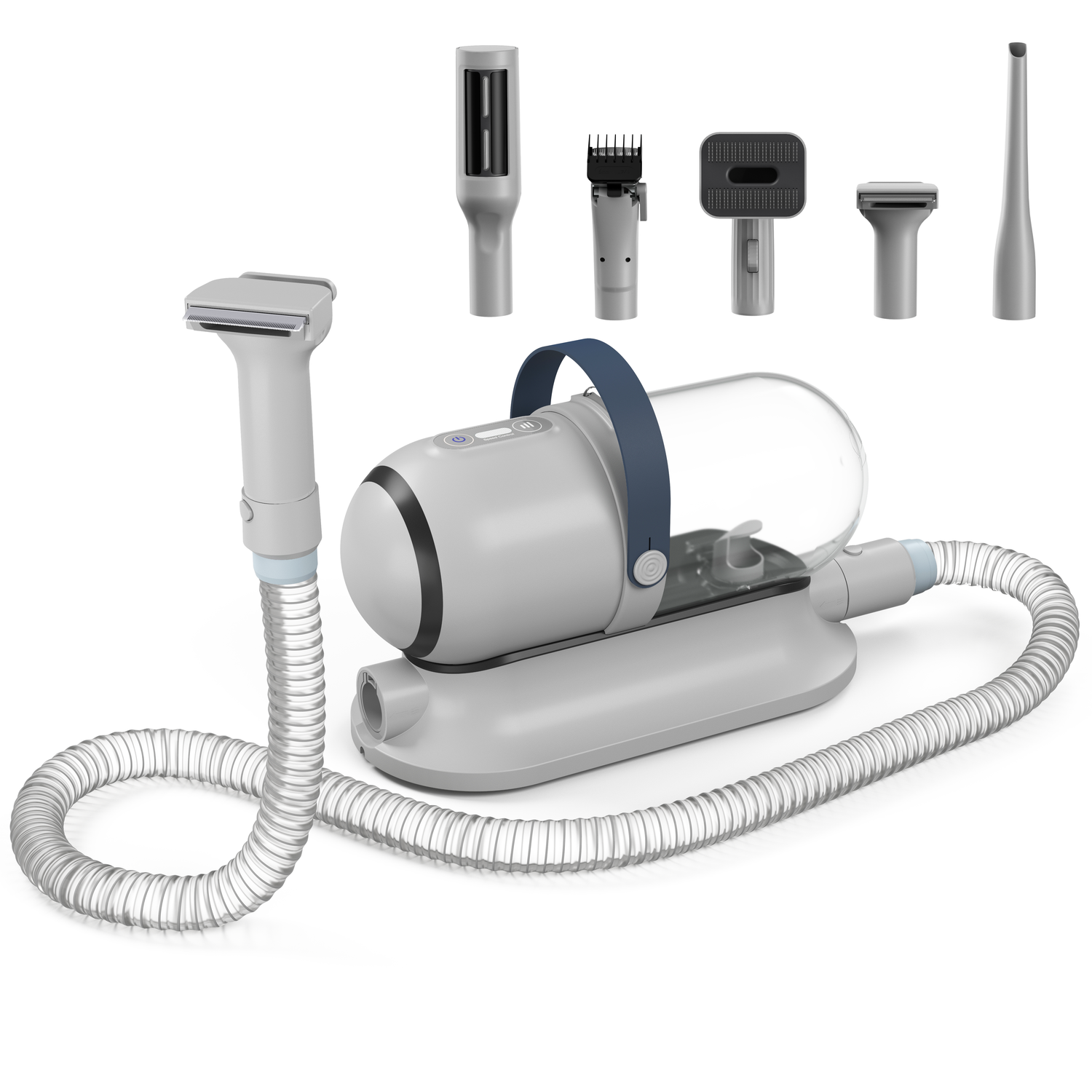 Dog grooming tool set with central device and attachments on a white background