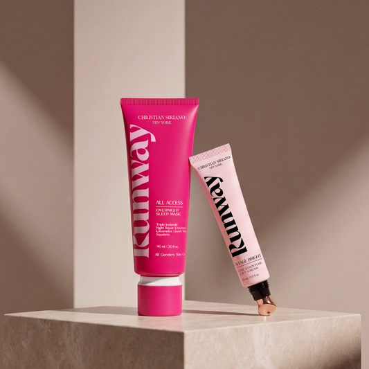 Two pink skincare tubes on a neutral background
