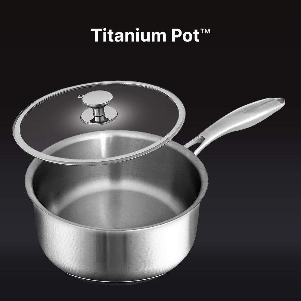 Stainless steel pot with lid on a black background, labeled 'Titanium Pot'.
