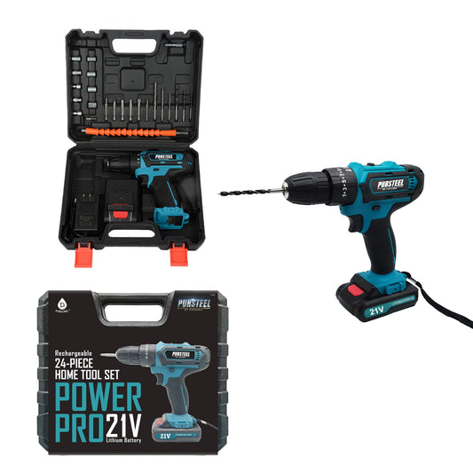 Power drill with accessories and carrying case on a white background