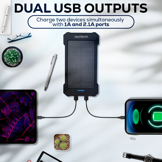 Techbro solar power bank with flashlight on a rocky surface