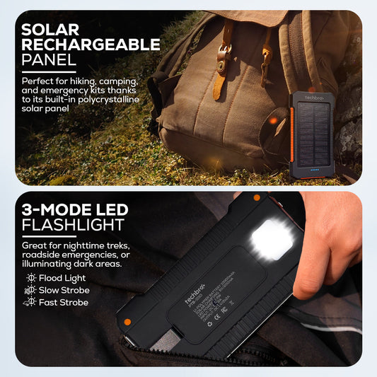 Techbro solar power bank with flashlight on a rocky surface