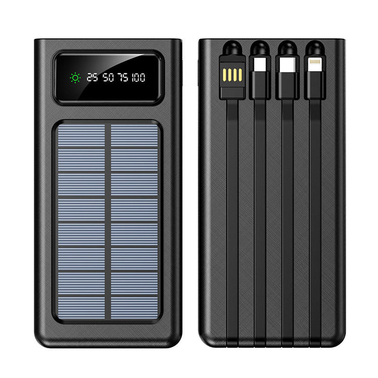 Black solar power bank with digital display and four cylindrical batteries on a white background