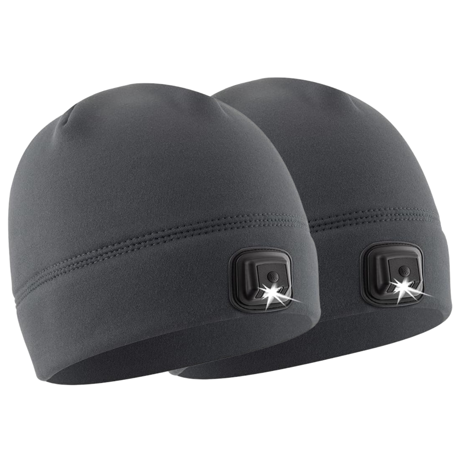Two grayPOWERCAP 3.0 Rechargeable Fleece LED Lighted Headlamp Beanies positioned side by side with lighting modules on the front.
