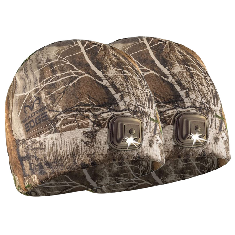 Two camouflagedPOWERCAP 3.0 Rechargeable Fleece LED Lighted Headlamp Beanies - one in Real Tree Edge pattern and the other in a similar design - with visible LED light modules.
