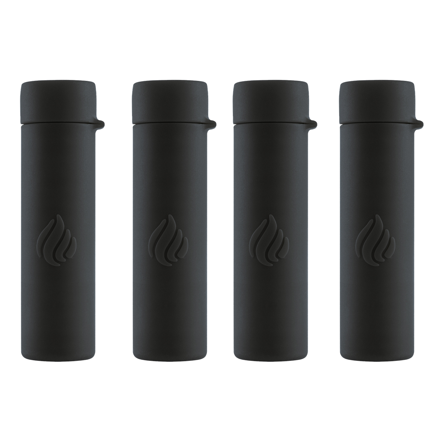 Four black travel mugs with a logo on a white background