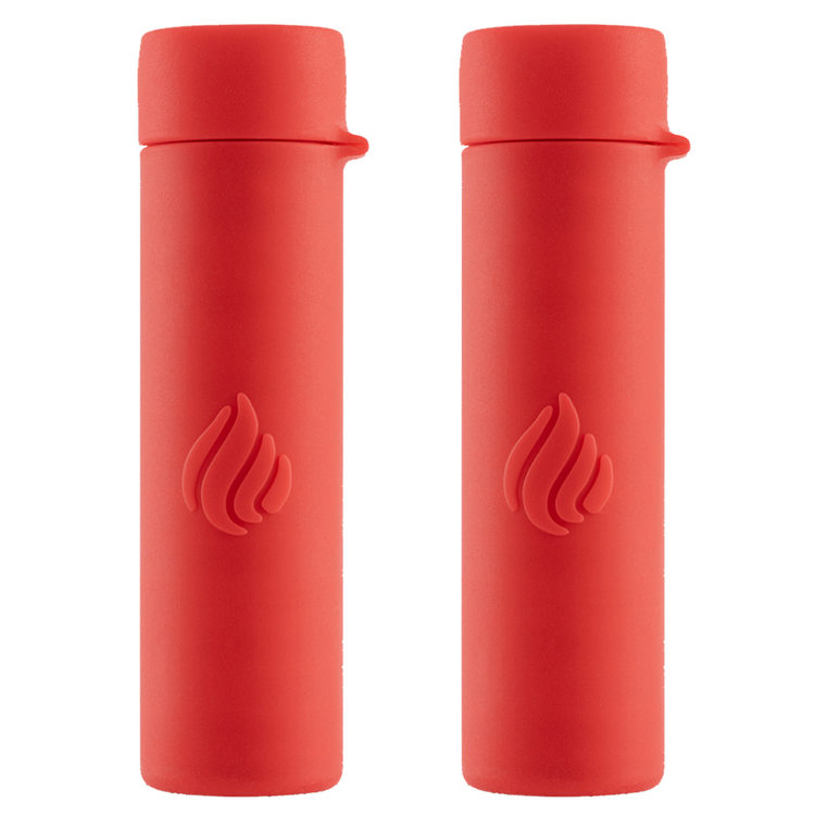 Two red water bottles with a flame design on a white background