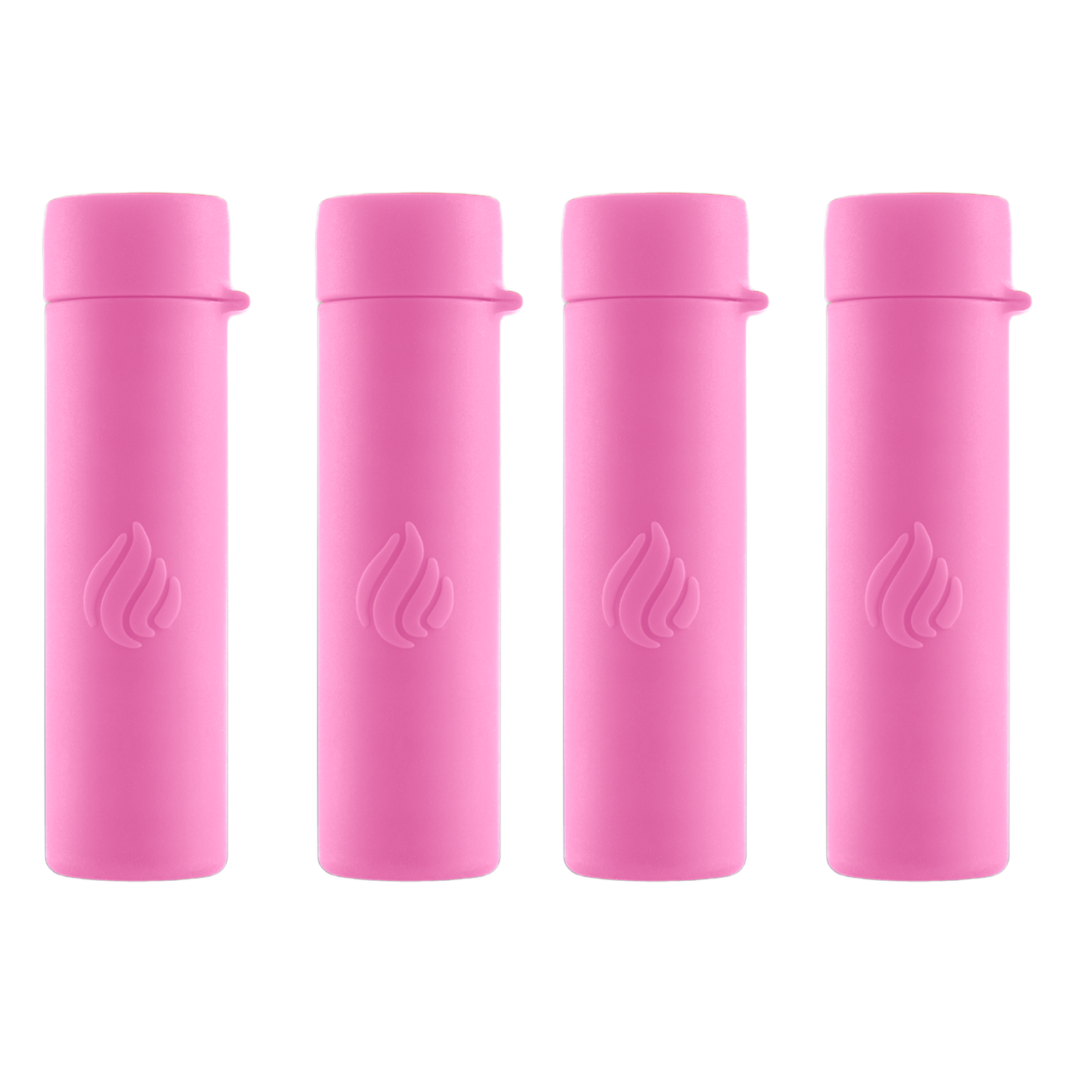 Four pink cylindrical products with a logo on a white background
