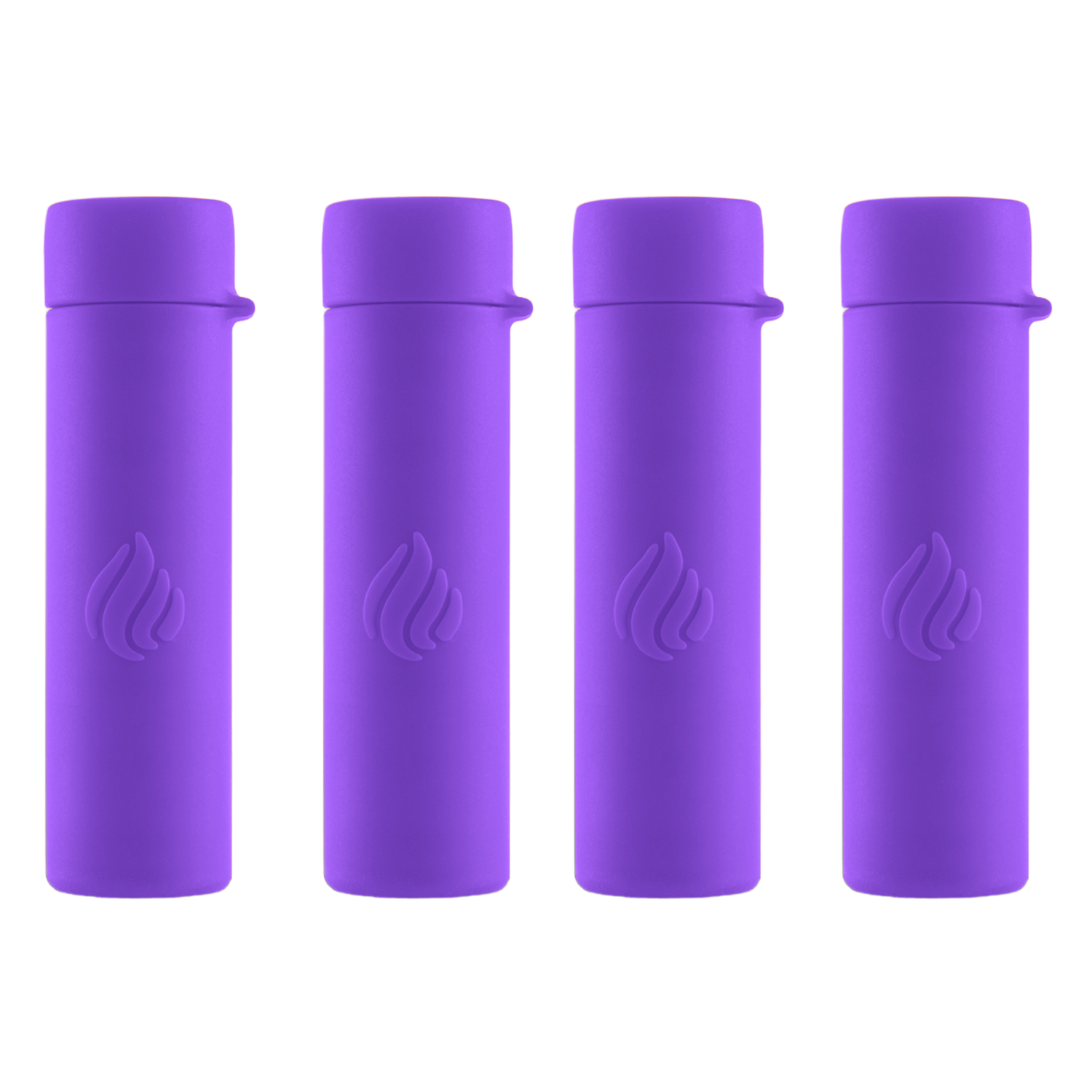 Four purple cylindrical products with a logo on a white background