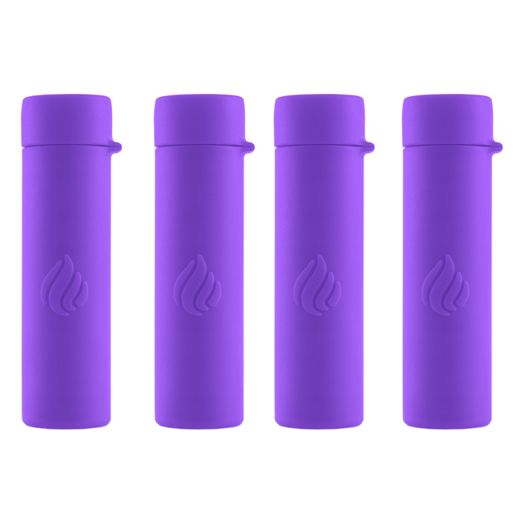 Four purple cylindrical products with a logo on a white background