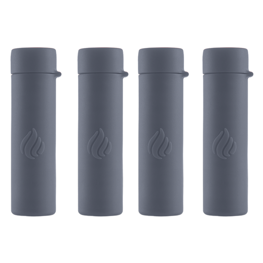 Four gray cylindrical containers with a logo on a white background