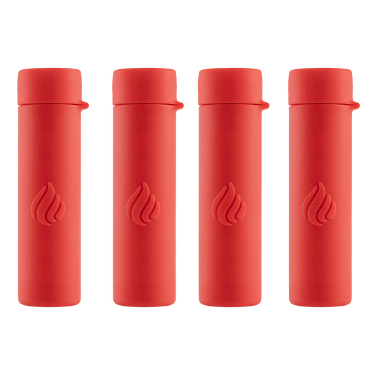 Four red cylindrical products with a flame-like logo on a white background