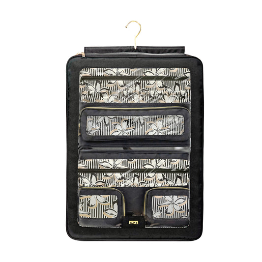 Black travel organizer with floral pattern on a white background