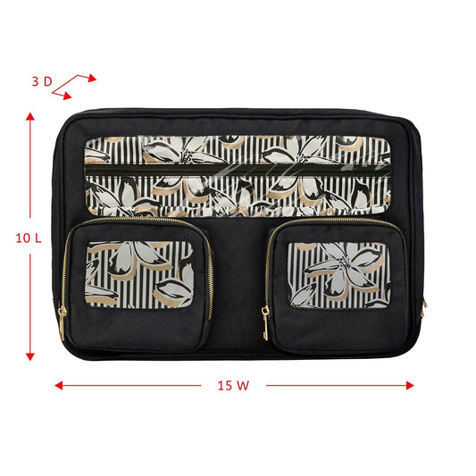 Black travel organizer with floral pattern on a white background