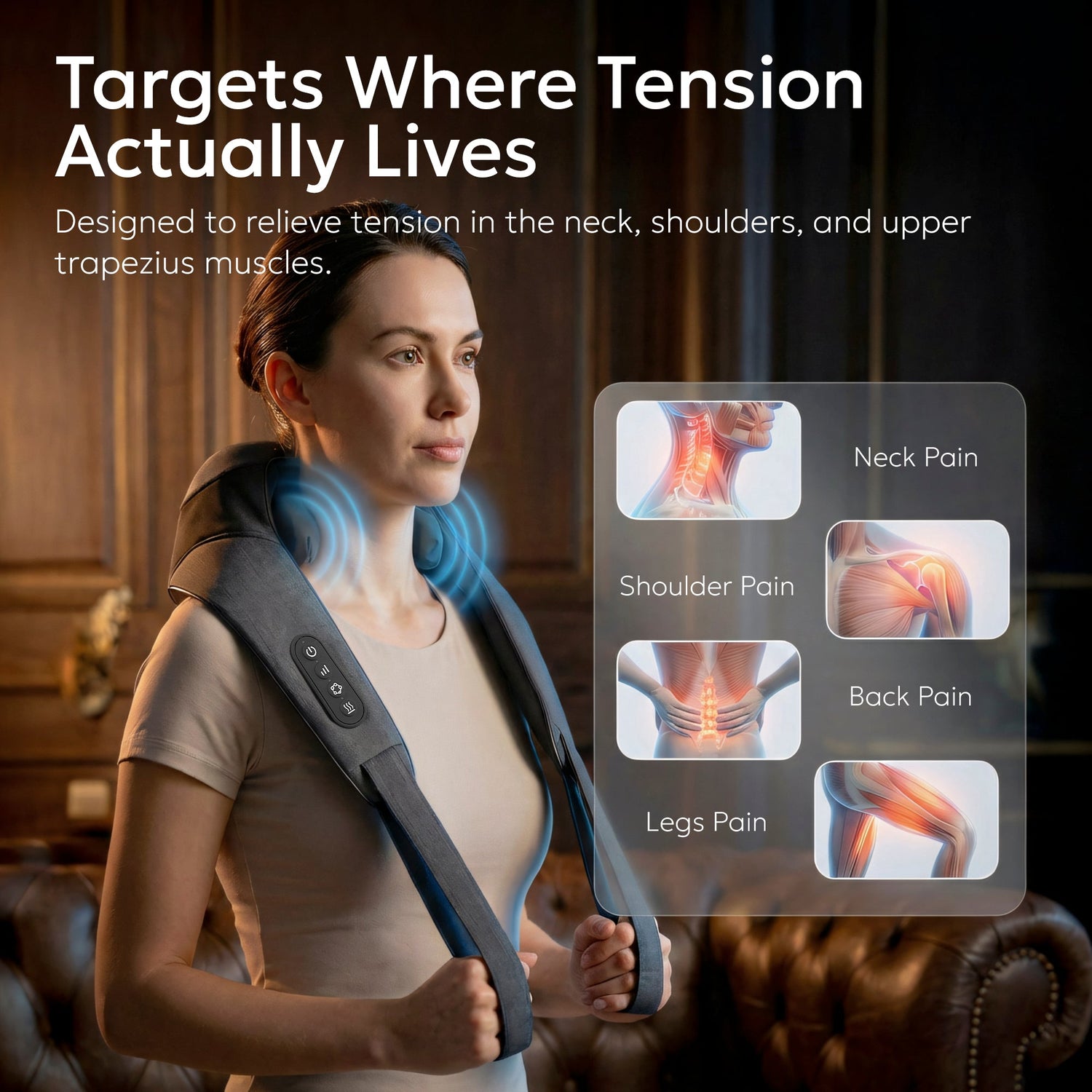Woman using a neck and shoulder massager with text highlighting its benefits.