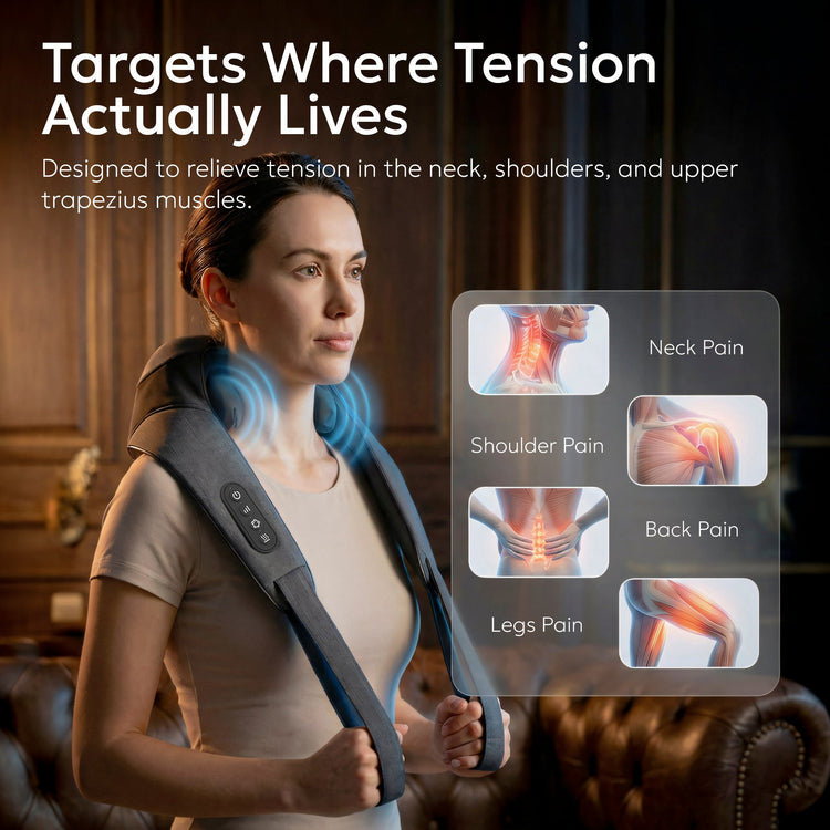 Woman using a neck and shoulder massager with text highlighting its benefits.