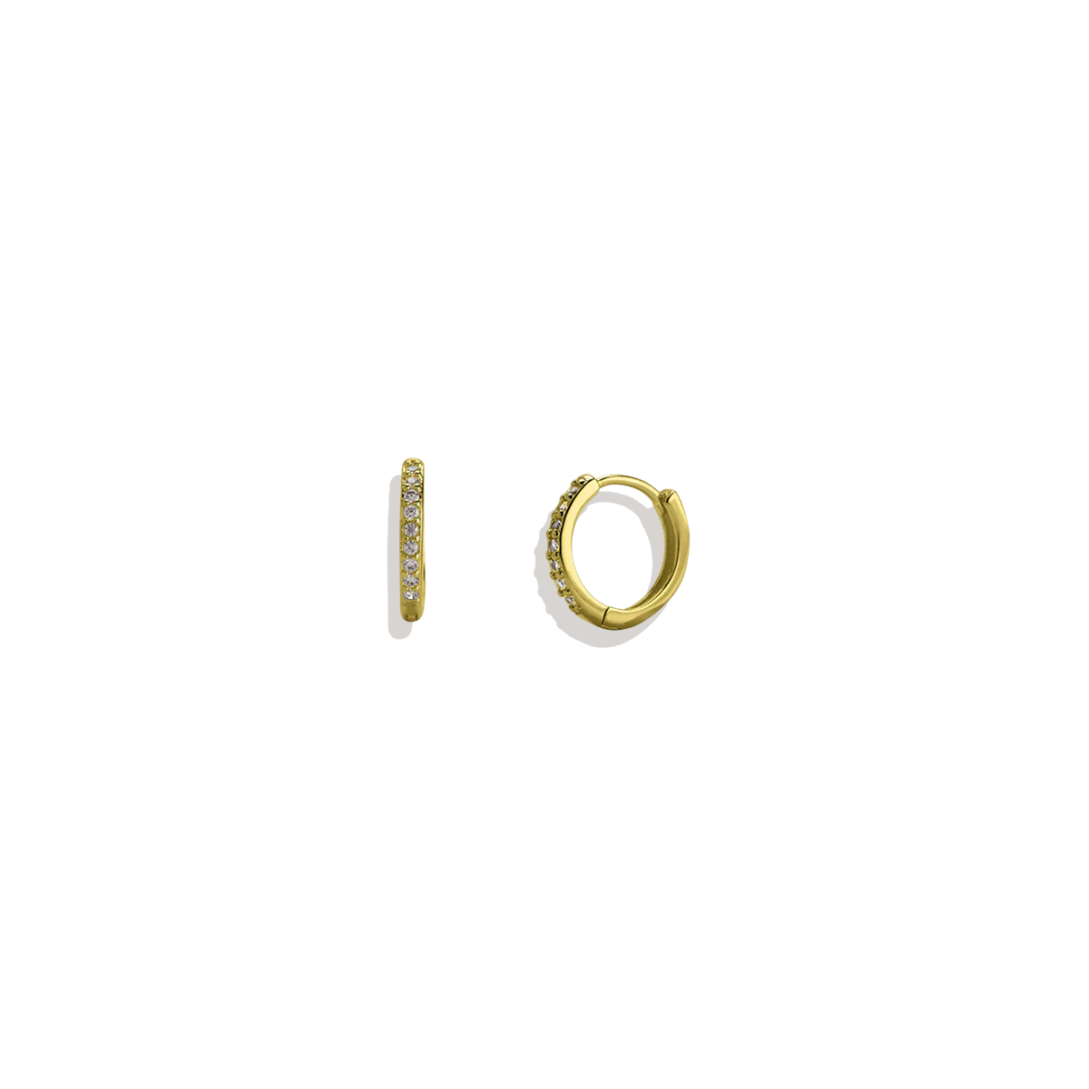 Gold hoop earrings with embedded stones on a white background