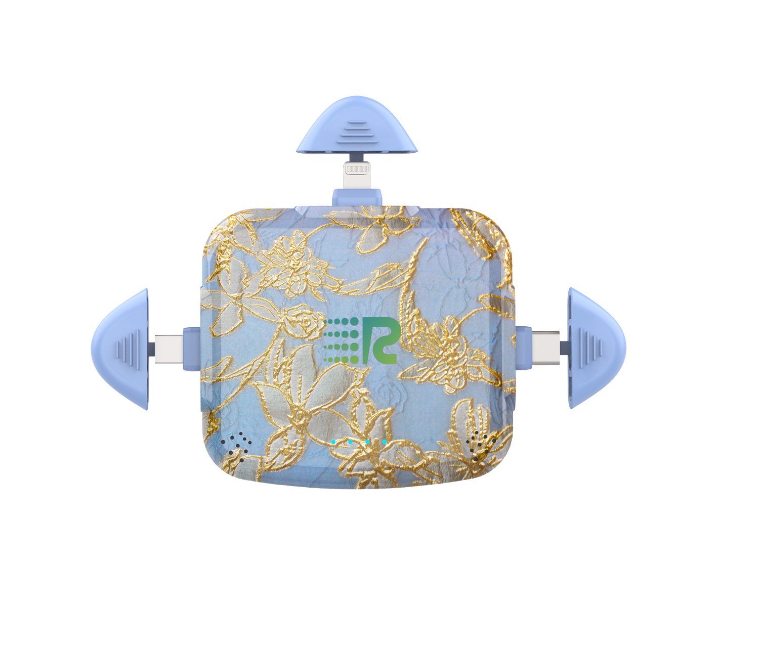 Decorative heating pad with floral pattern and visible brand logo on a white background