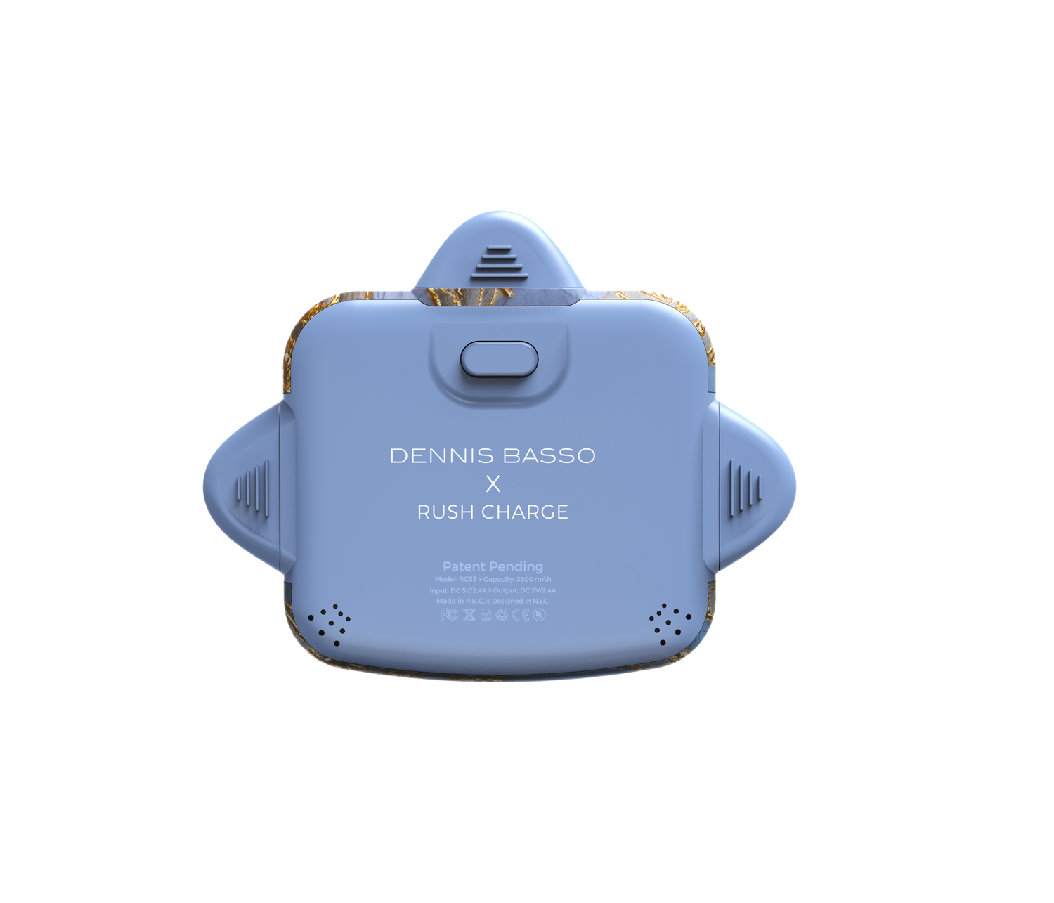 Blue electronic device with 'Dennis Basso' branding on a white background