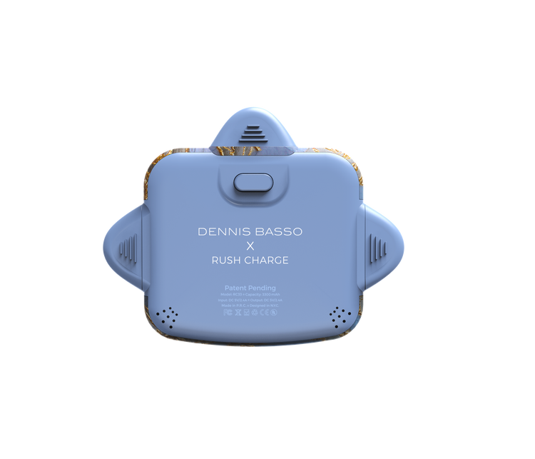 Blue electronic device with 'Dennis Basso' branding on a white background