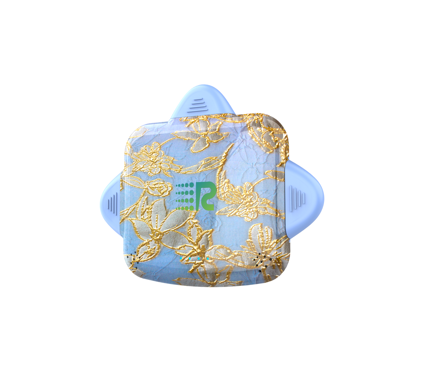 Blue and gold decorative item with a floral pattern on a white background